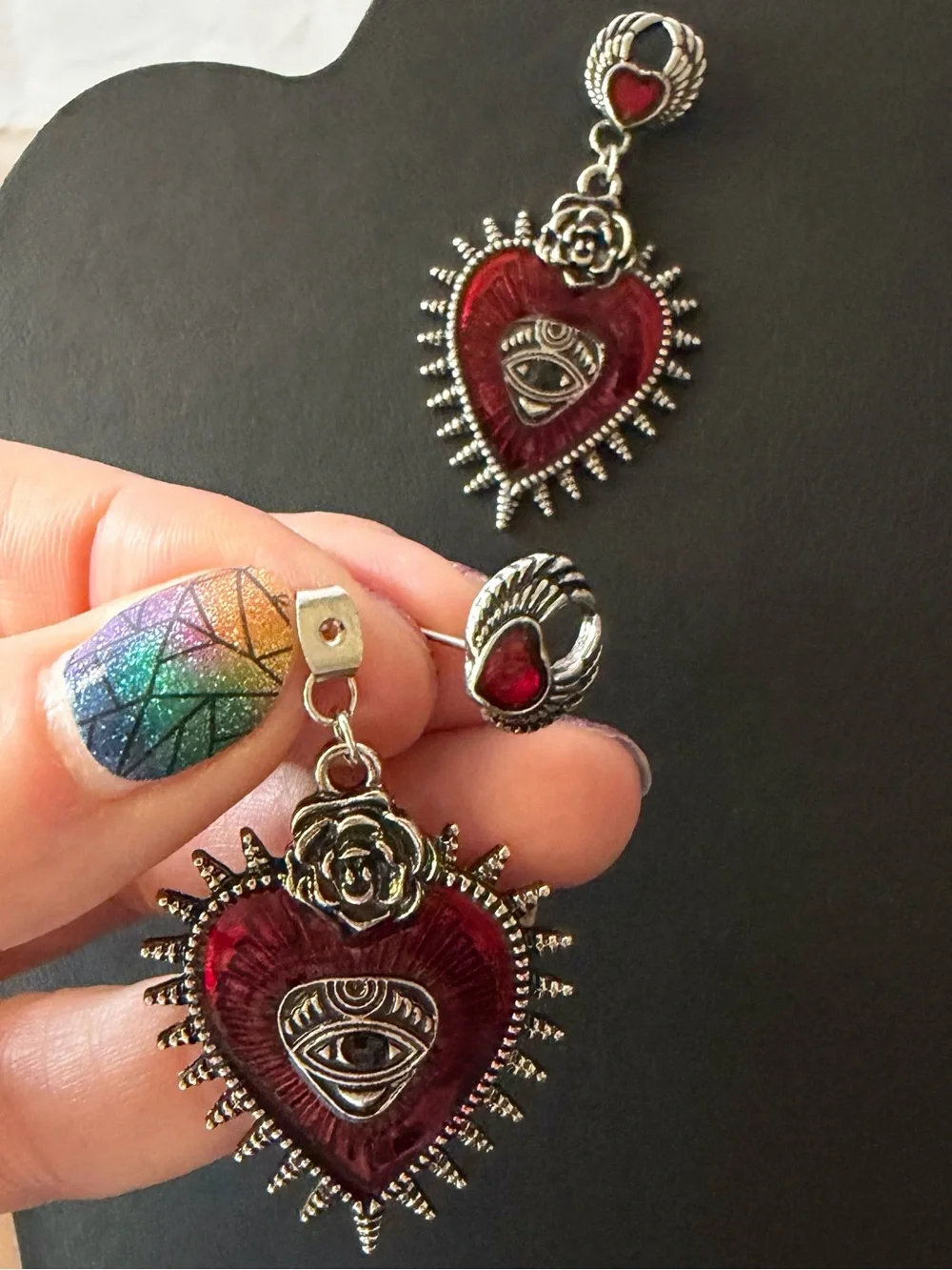 Gothic Crimson Sacred Heart & Protection Eye Dangle Earrings